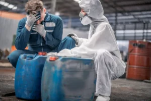 Factory workers exposed to hazardous chemicals, with one man showing signs of distress while another wears protective gear in an industrial setting.