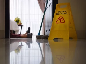 Worker lying on the floor after slipping on a wet surface beside a caution wet floor sign and mop.