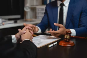 Personal injury lawyer in blue suit discussing case documents with a client at a desk, illustrating a deposition and legal preparation process.