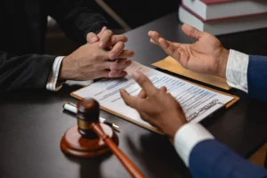Two people discussing a contract with papers, gavel, and law books at a table, depicting legal consultation and proving negligence in a Massachusetts personal injury case.